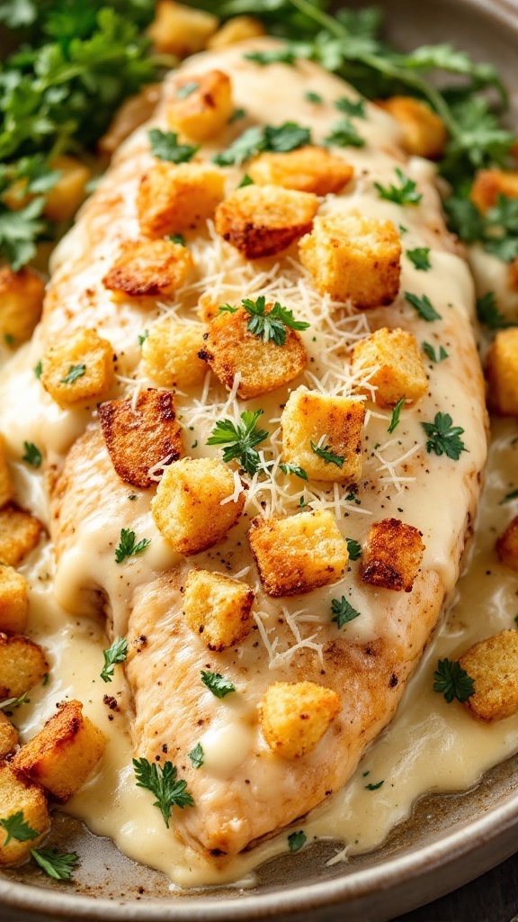 Baked Caesar Chicken topped with croutons and garnished with parsley