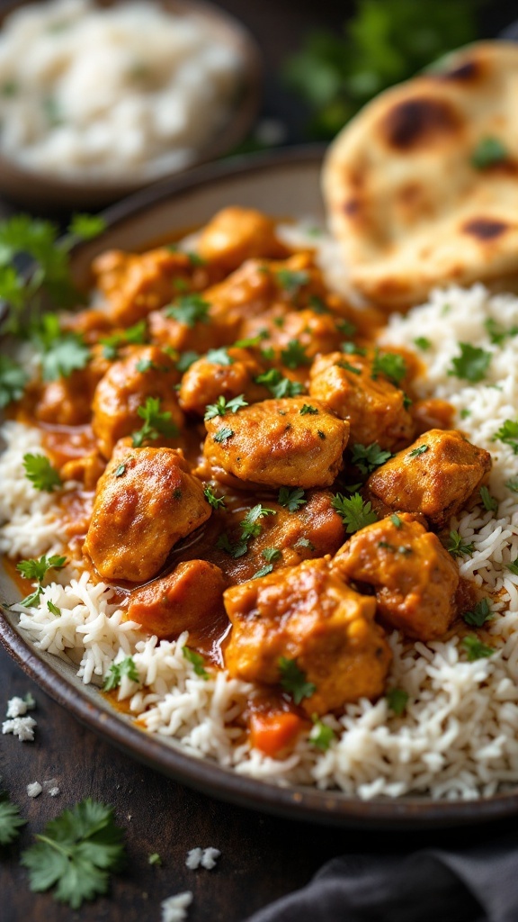 Baked curry chicken served with rice and bread