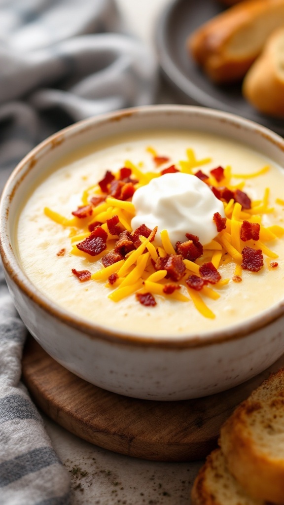 Bowl of baked potato soup topped with cheese and bacon.