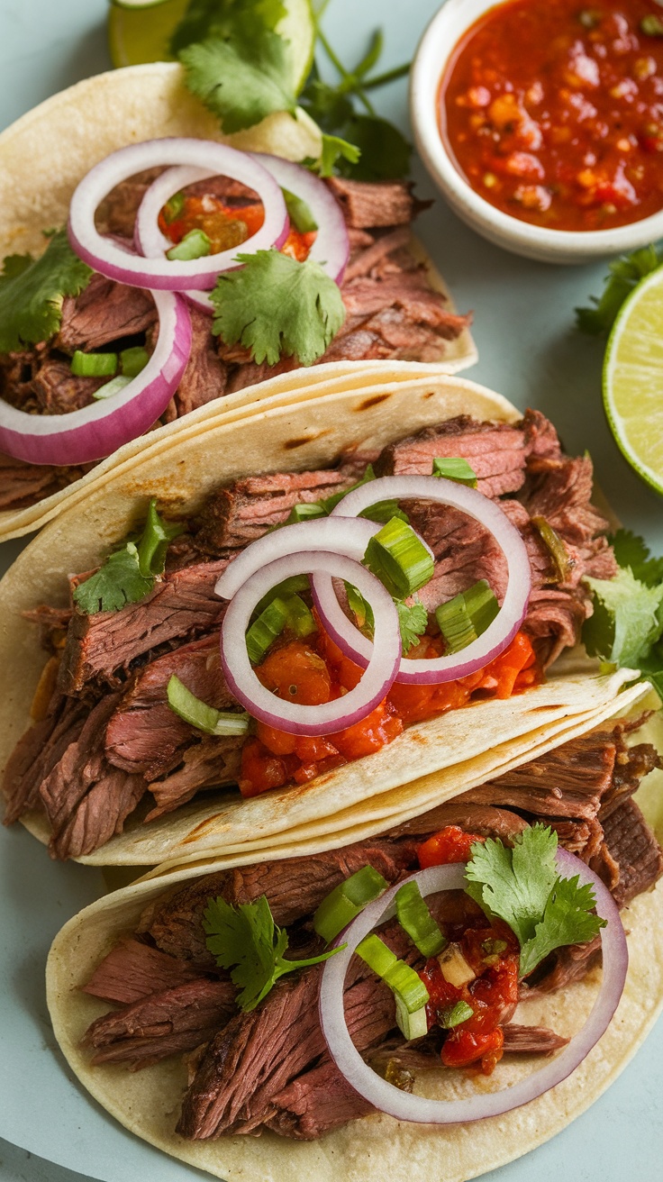 Delicious barbacoa tacos with onions and cilantro on a plate.