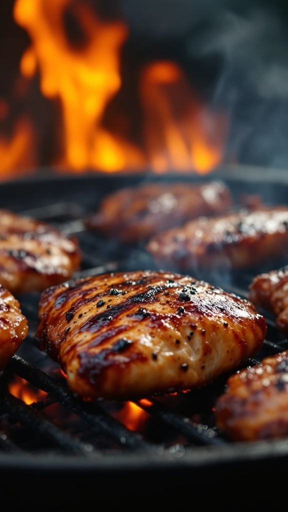 Grilled chicken on a barbecue with flames in the background.