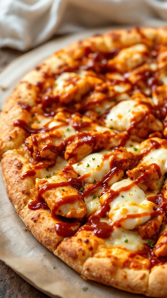 A delicious BBQ chicken pizza topped with cheese and barbecue sauce.