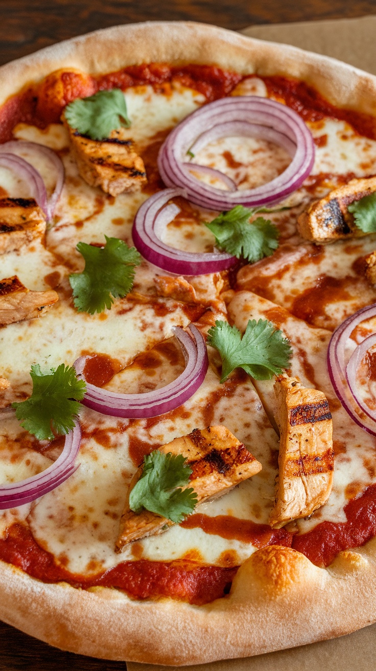 A delicious BBQ chicken pizza with grilled chicken, red onions, and cilantro.