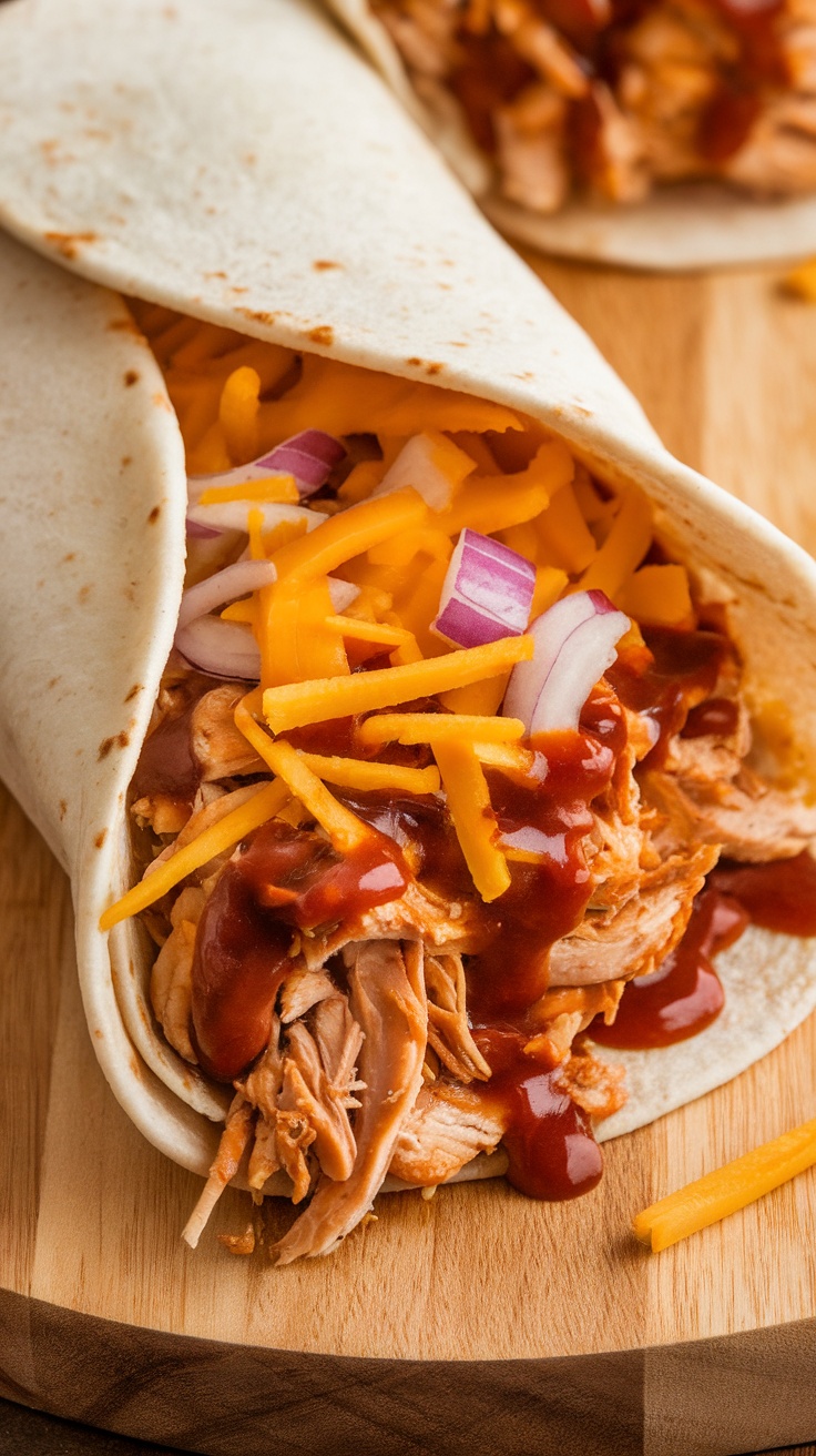 Close-up of a BBQ chicken wrap with shredded chicken, cheese, and barbecue sauce