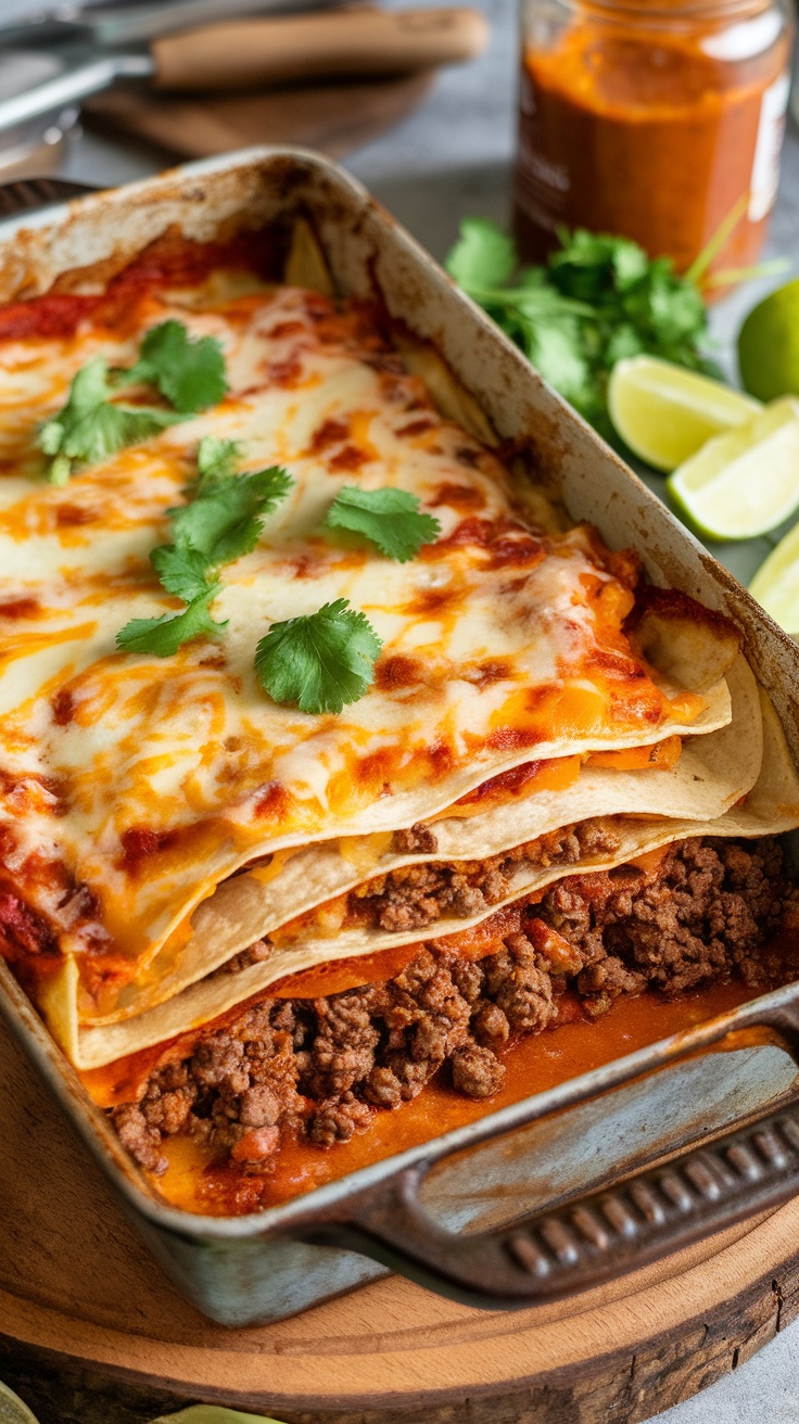 Beef Enchilada Casserole with layers of beef, tortillas, and cheese topped with cilantro.