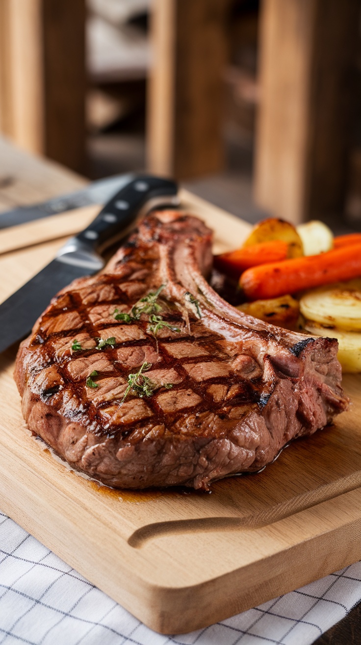 A perfectly grilled ribeye steak on a wooden cutting board with knife and vegetables.