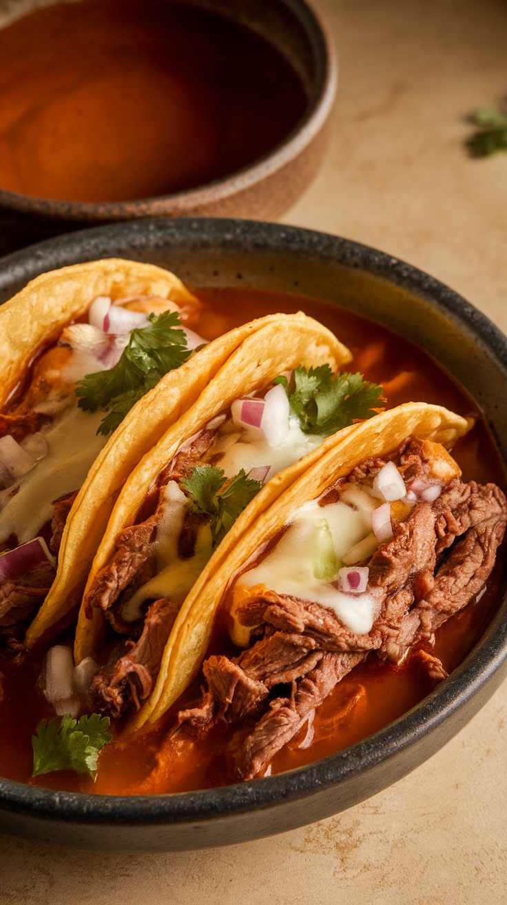 Three birria tacos with beef, cheese, and cilantro served in a bowl with broth