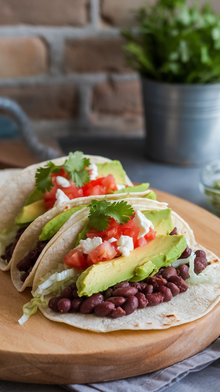 Delicious black bean tacos topped with avocado, tomato, and cilantro.