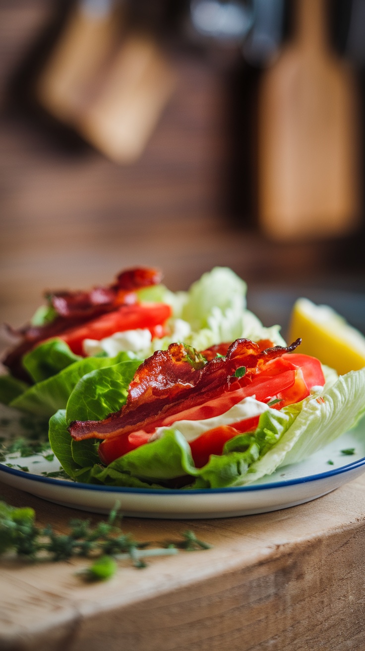 A plate of BLT lettuce wraps with bacon, lettuce, and tomato.