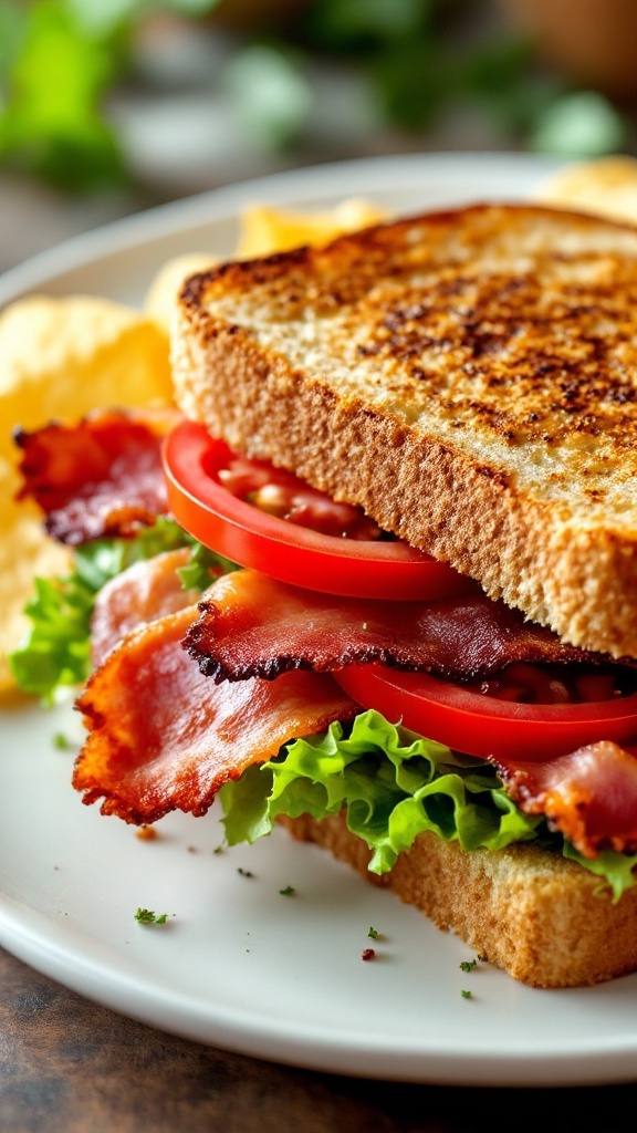 A delicious BLT sandwich with bacon, lettuce, and tomato on toasted bread