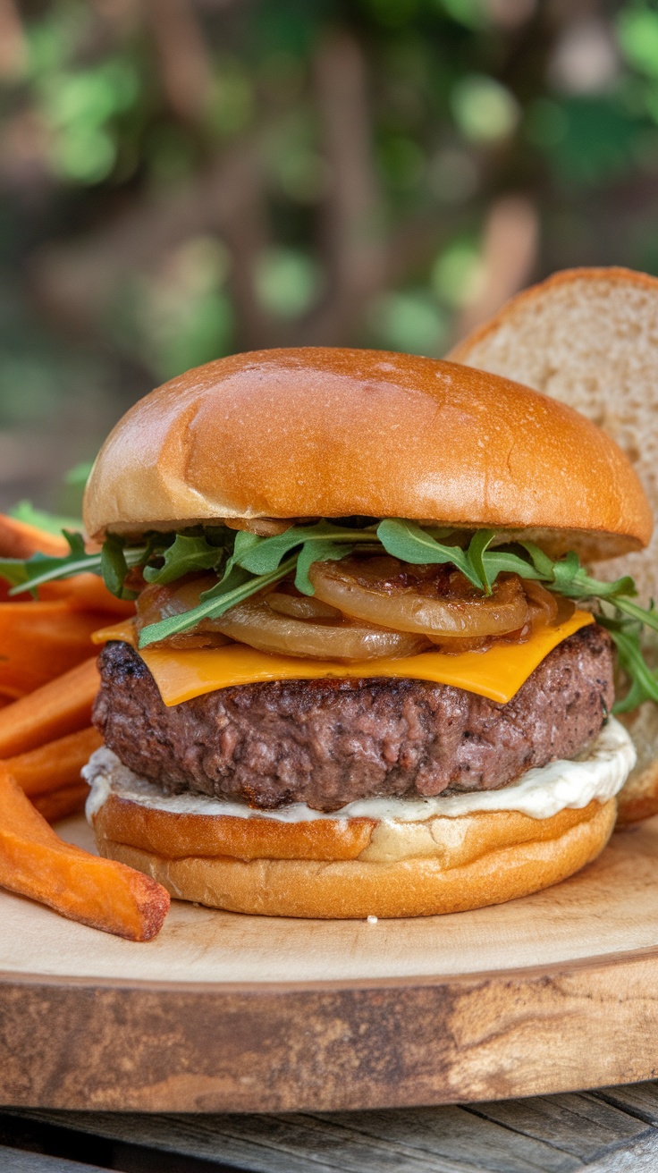 A bison burger with cheese, onions, and greens on a bun, served with sweet potato fries.