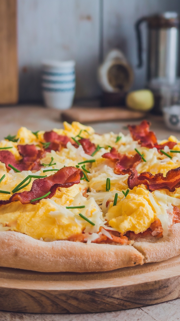 Breakfast pizza with scrambled eggs and bacon