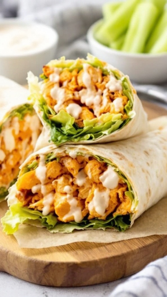 Buffalo chicken burritos with lettuce and sauce inside a tortilla