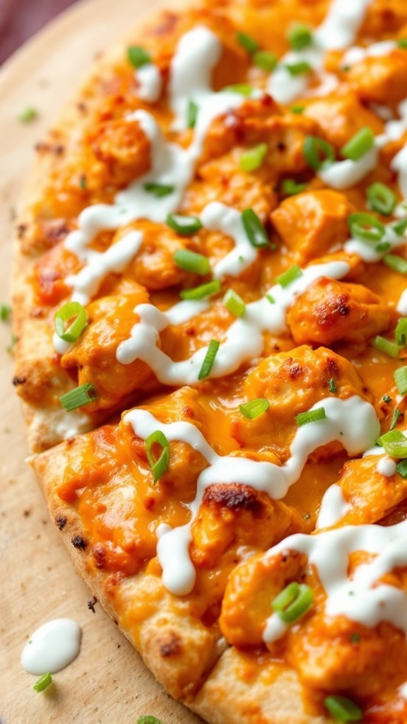 Buffalo chicken pizza topped with green onions and ranch dressing.