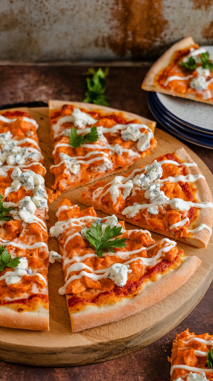 Buffalo Chicken Pizza with ranch dressing and blue cheese on a wooden platter.