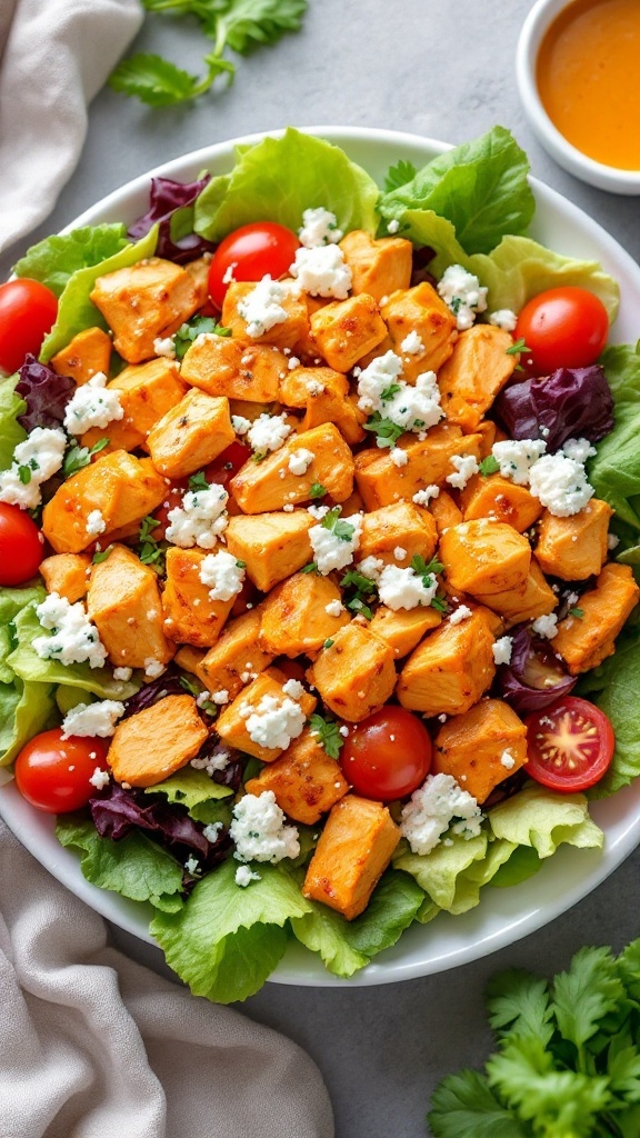 A vibrant Buffalo Chicken Salad with diced chicken, cherry tomatoes, and cheese on a bed of lettuce.