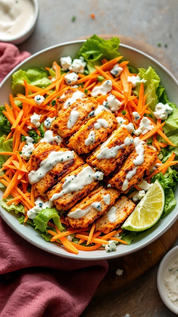 A bowl of Buffalo Chicken Salad with grilled chicken, lettuce, carrots, and blue cheese dressing.