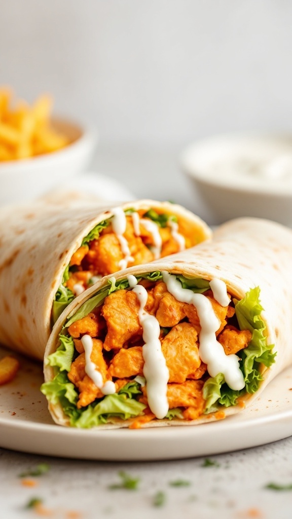 A delicious buffalo chicken wrap filled with lettuce and drizzled with sauce.