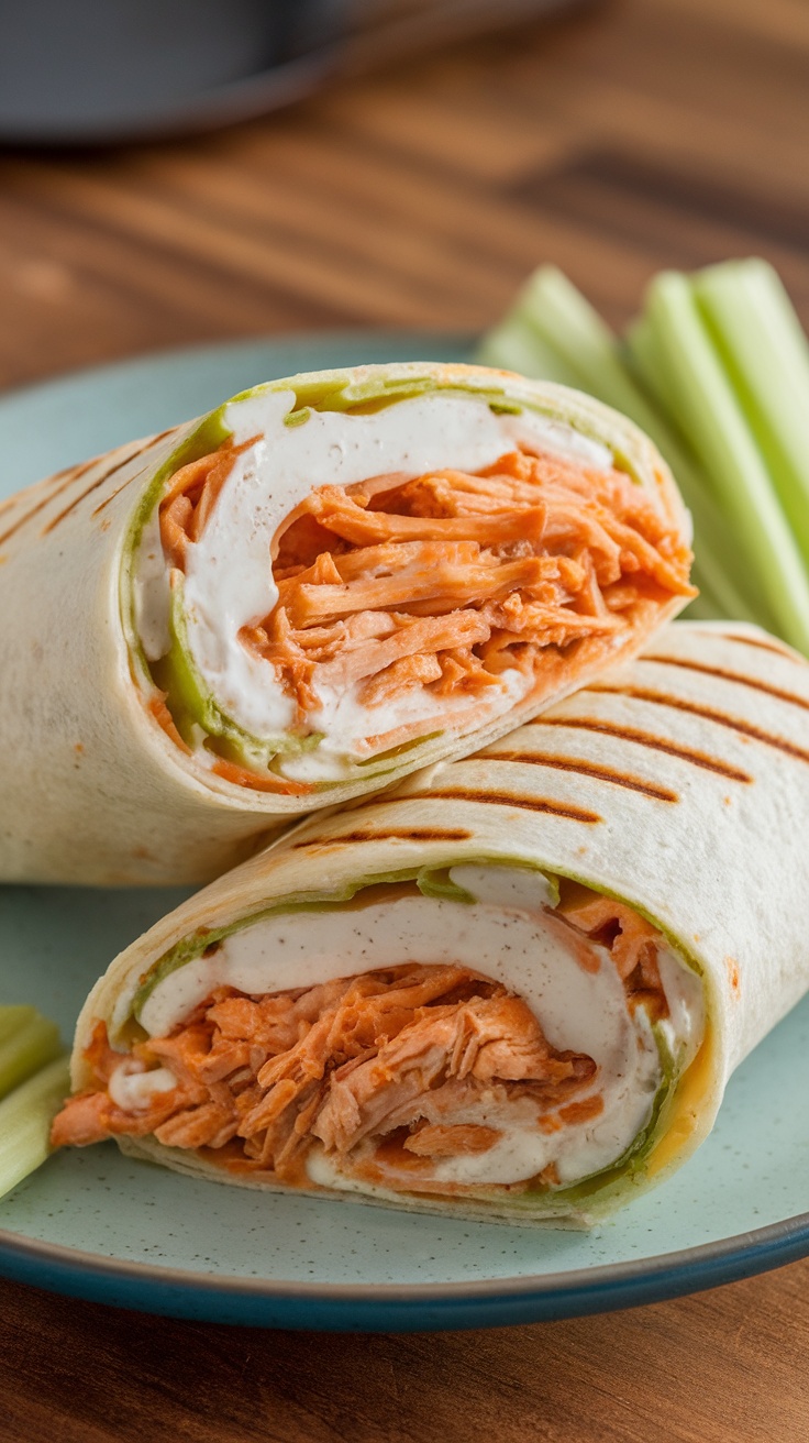 A close-up of a Buffalo Chicken Wrap cut in half, showcasing shredded chicken and creamy sauce inside a tortilla, served with celery sticks.