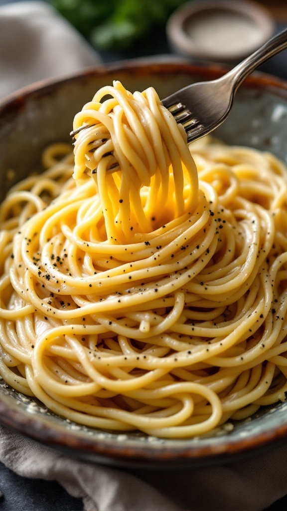 A close-up of a fork twirling spaghetti with a creamy sauce, topped with black pepper.