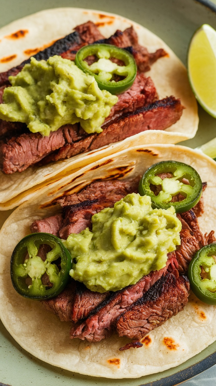 Carne Asada tacos with guacamole and jalapeños on a plate.