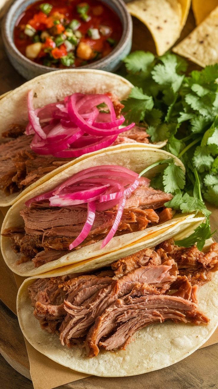 Delicious carnitas tacos with pink onions and cilantro.