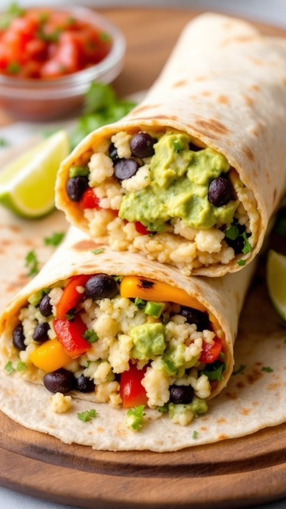 Two cauliflower rice burritos filled with black beans, peppers, and guacamole on a wooden platter.