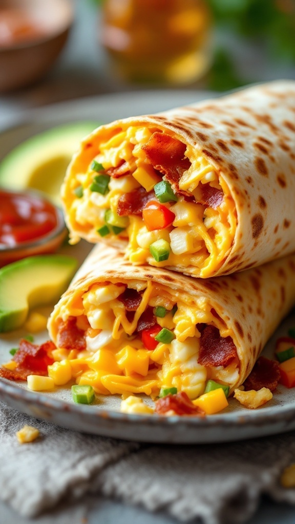 Cheesy breakfast burrito filled with eggs, cheese, and vegetables