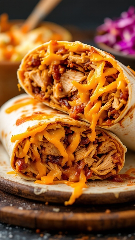 Close-up of cheesy BBQ chicken burritos with shredded chicken and melted cheese inside.