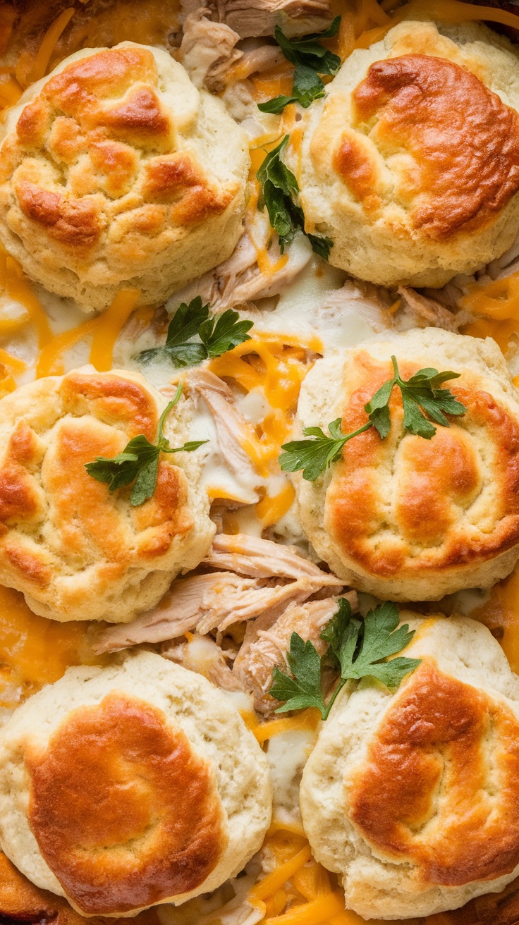 Cheesy Chicken Biscuit Casserole with golden biscuits on top