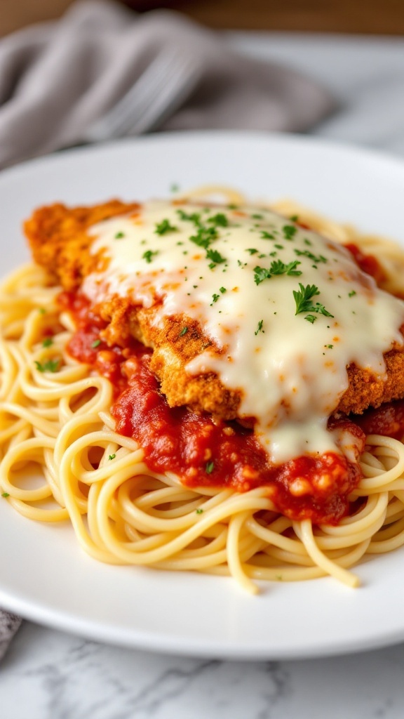 A plate of Cheesy Chicken Parmesan Pasta with chicken on top of spaghetti and marinara sauce.