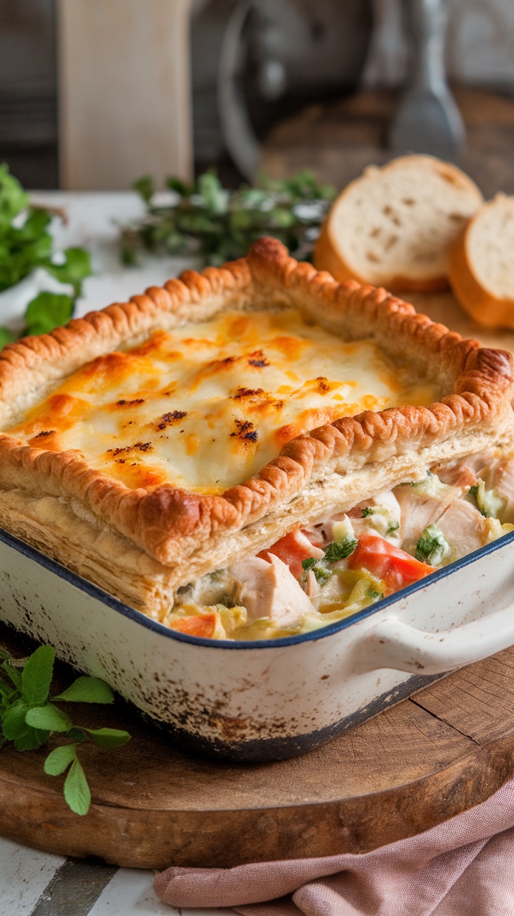 A delicious Cheesy Chicken Pot Pie Casserole with a golden crust, filled with chicken and vegetables.