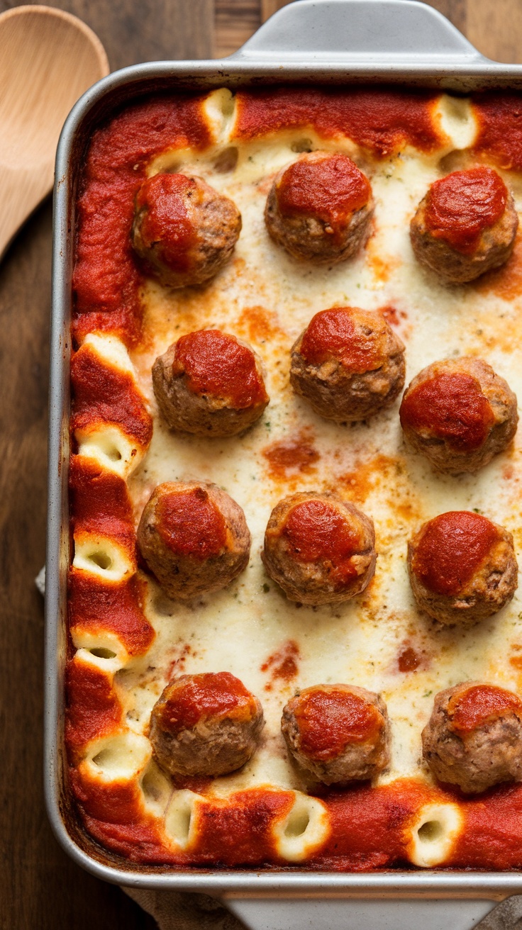 A delicious cheesy meatball casserole with sauce and cheese.