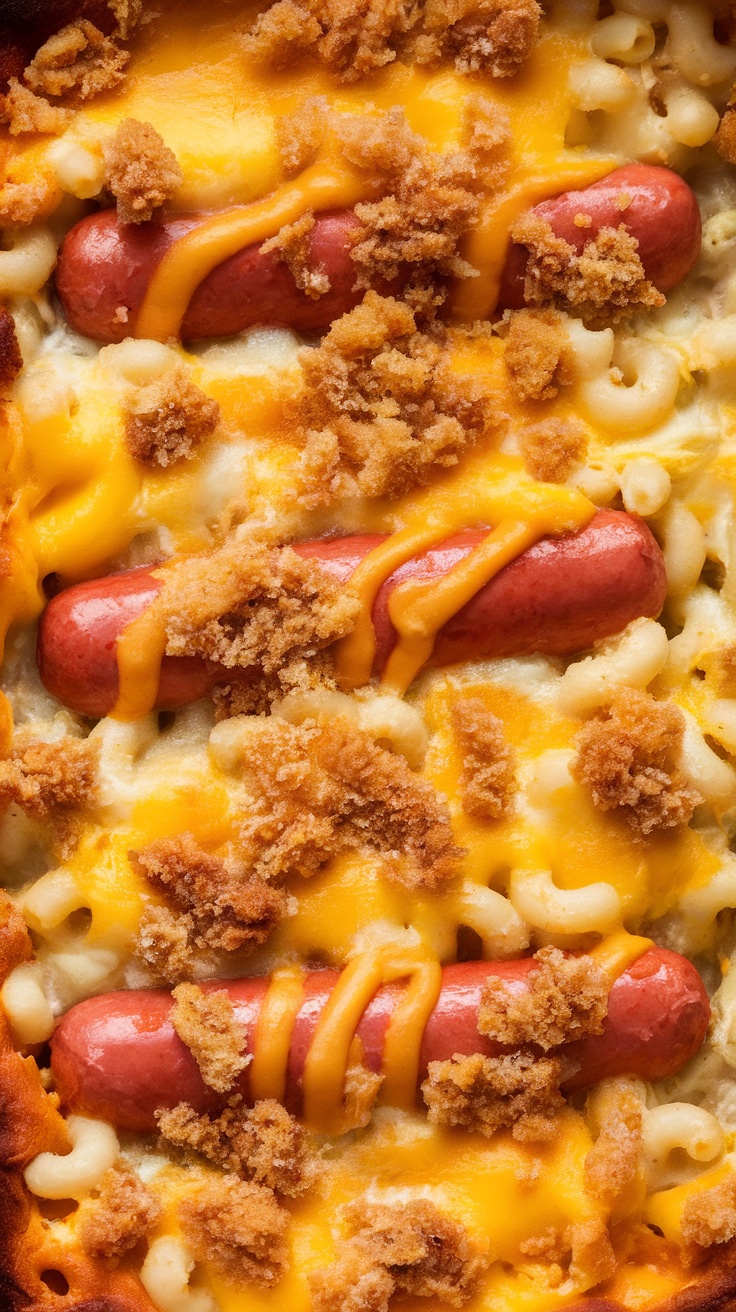 Cheesy hot dog casserole with macaroni and cheese topped with bread crumbs