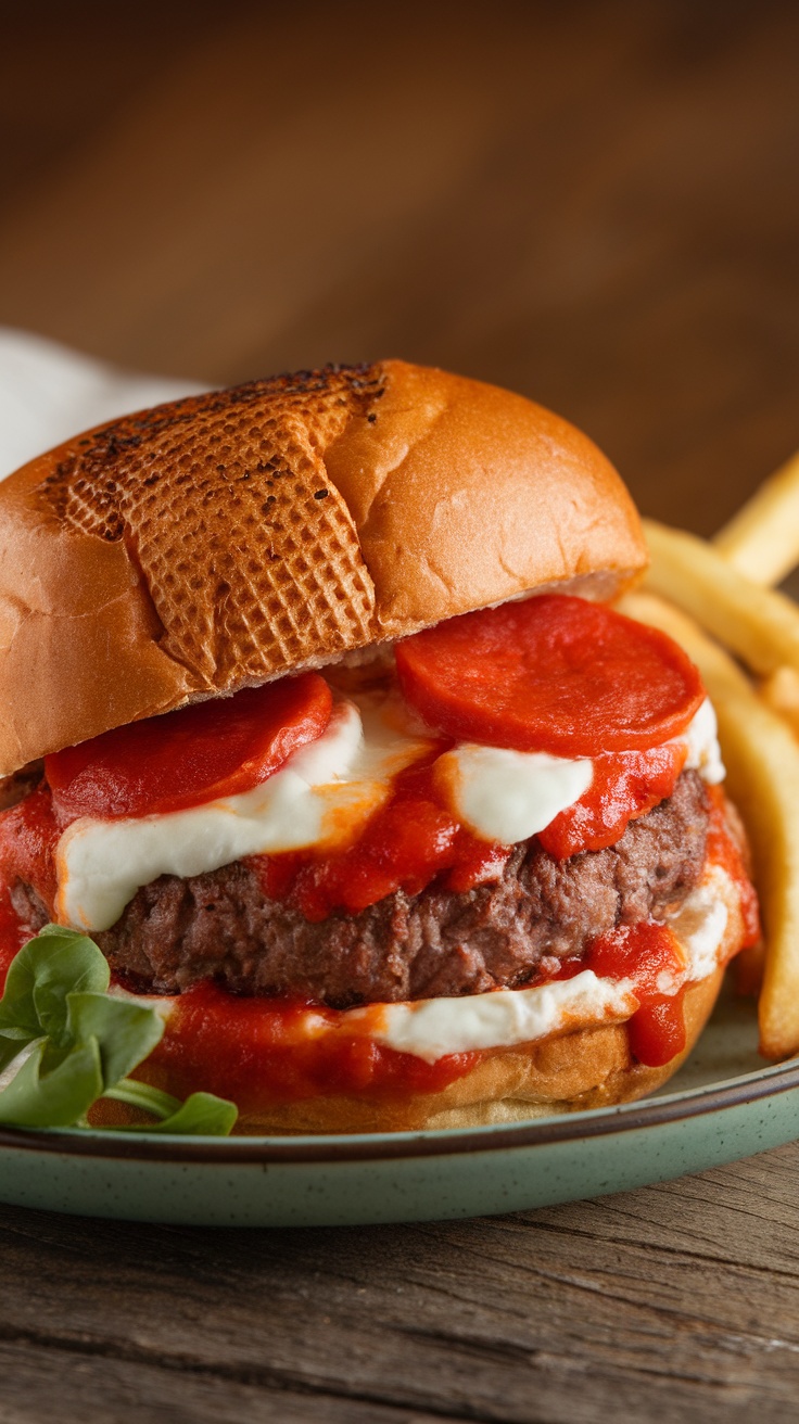 A delicious cheesy pizza burger with pepperoni and marinara sauce