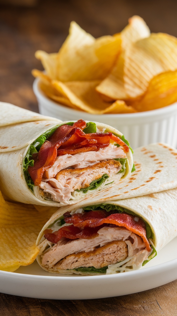 Chicken Bacon Ranch Wrap with chips in the background