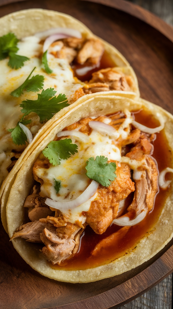 Delicious chicken birria tacos with cheese and cilantro on a wooden plate.