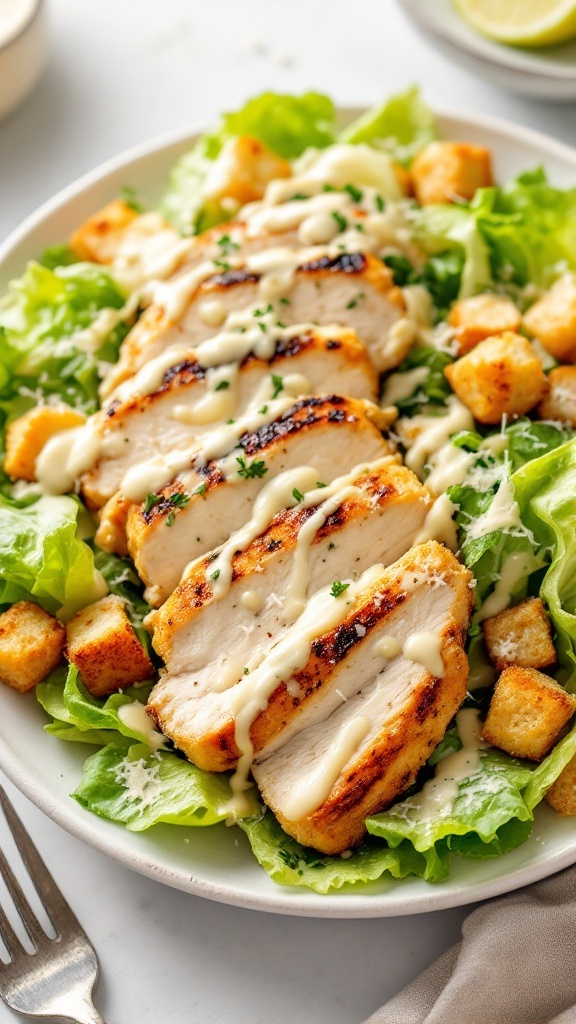 A plate of Chicken Caesar Salad featuring grilled chicken, lettuce, croutons, and dressing.