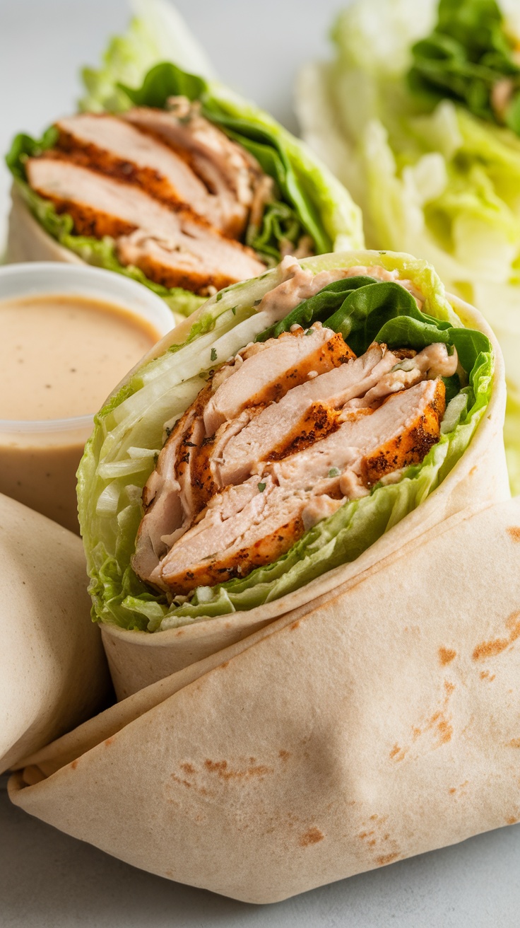 A close-up of a Chicken Caesar Wrap filled with sliced grilled chicken, lettuce, and Caesar dressing.