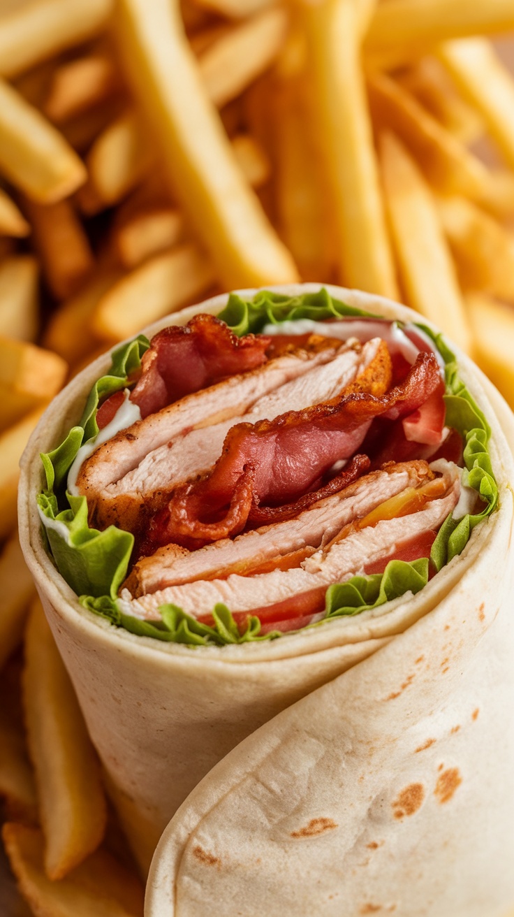 A chicken club wrap with crispy bacon and lettuce, served with fries.