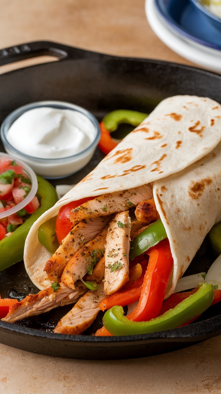 A delicious chicken fajita wrap with grilled chicken, peppers, and a tortilla.