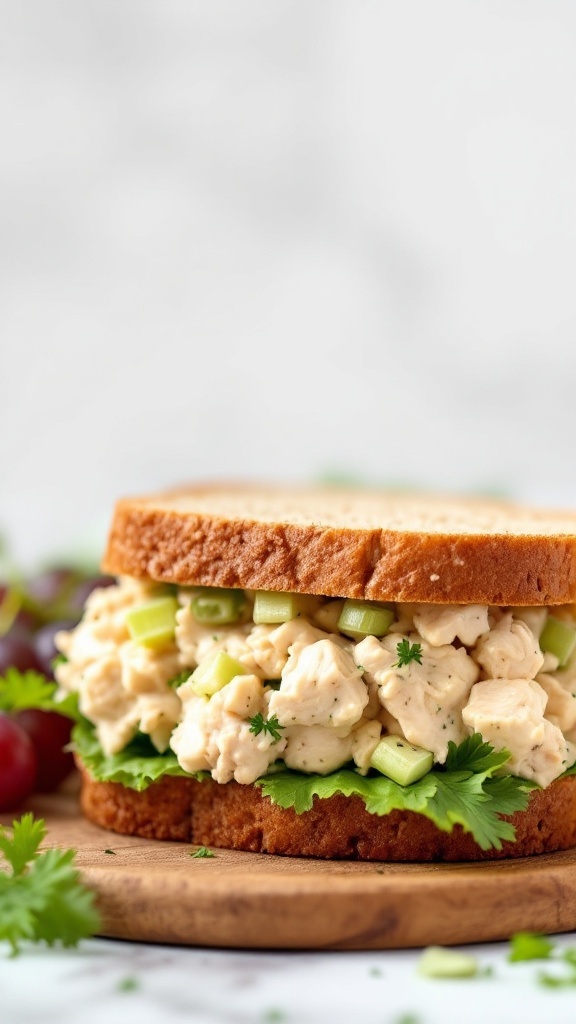 A delicious chicken salad sandwich served on rustic bread with vibrant green lettuce and chopped celery.