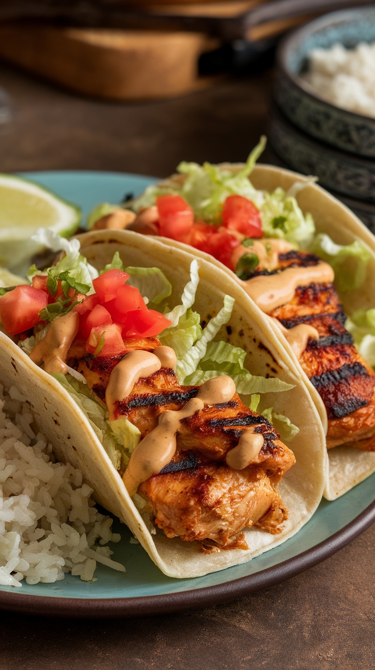 Delicious chicken tacos with lettuce and tomatoes on a plate