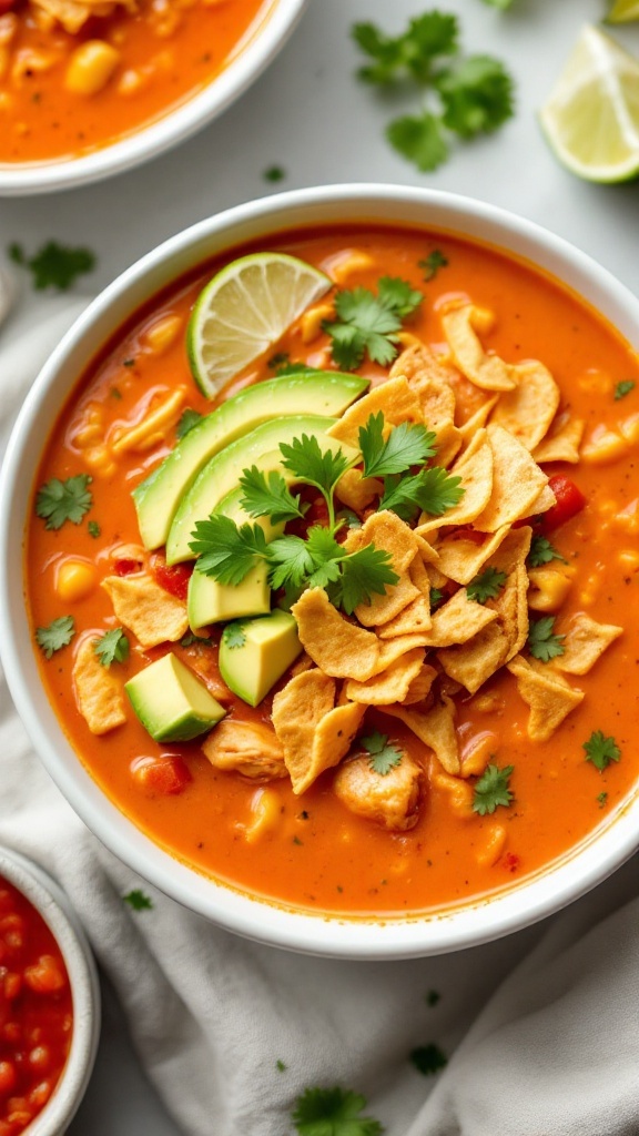 A bowl of Chicken Tortilla Soup topped with avocado, tortilla strips, and cilantro.