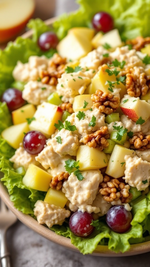 A bowl of Chicken Waldorf Salad with apples, grapes, and walnuts on a bed of lettuce.