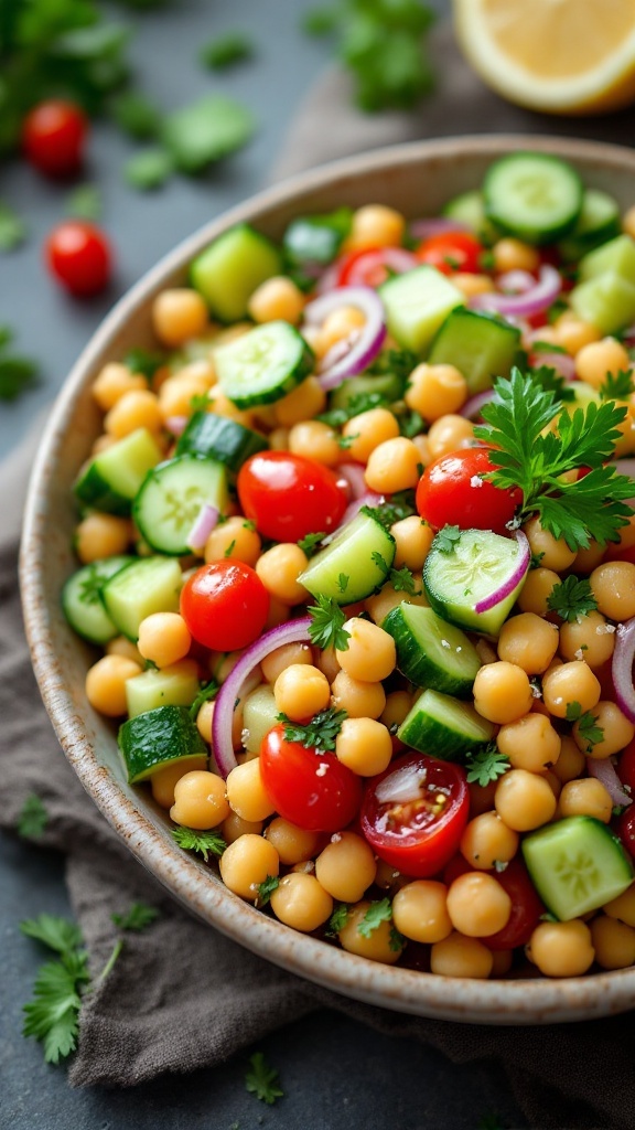 A colorful chickpea salad with cucumbers, cherry tomatoes, and fresh herbs.