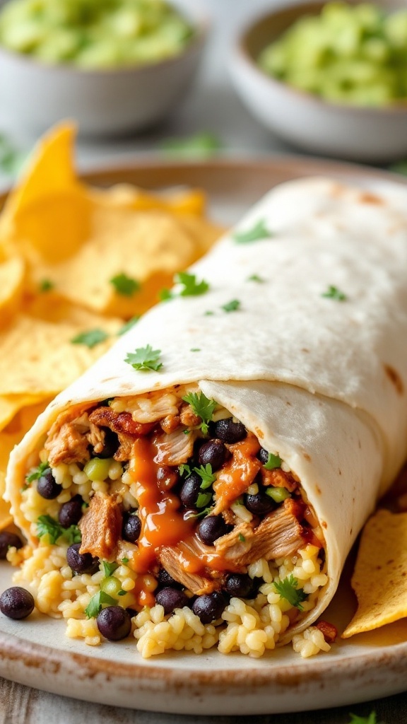 A delicious Chipotle-style pulled pork burrito filled with rice, black beans, and topped with sauce, served with tortilla chips.