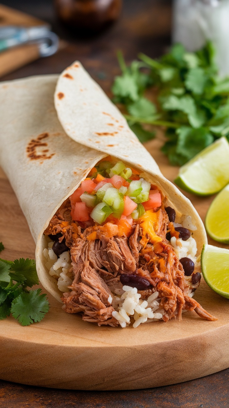 Chipotle-Style Pulled Pork Burrito with toppings on a wooden plate