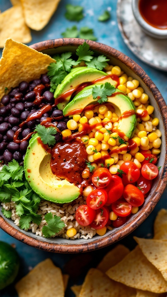 A colorful Chipotle black bean burrito bowl filled with ingredients like avocado, corn, tomatoes, and black beans.