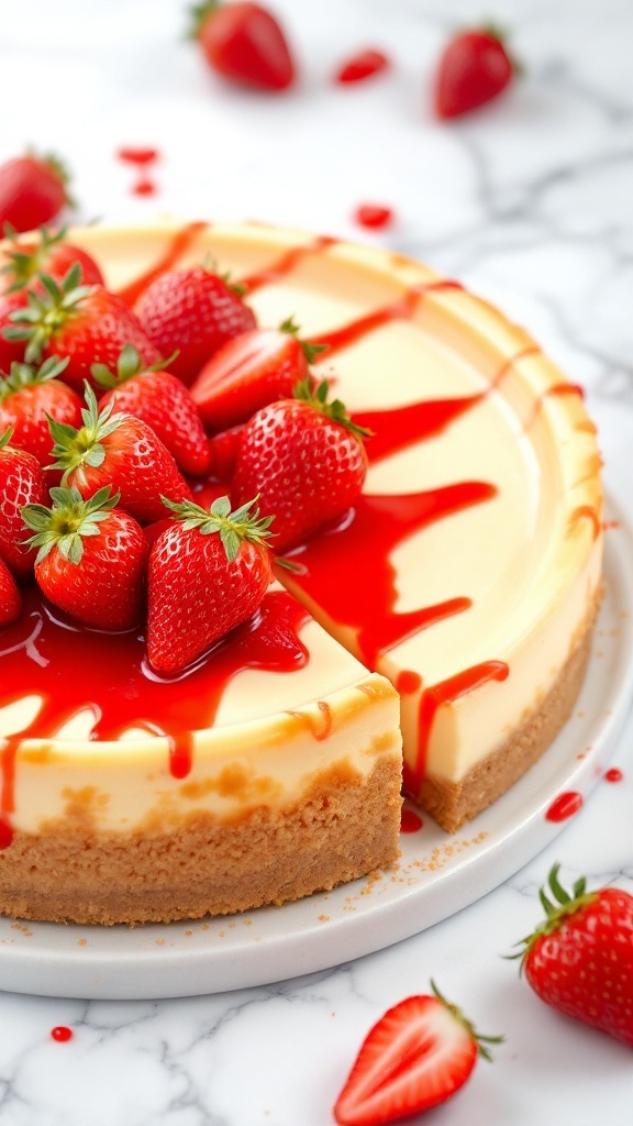 A delicious homemade cheesecake topped with fresh strawberries and red sauce.